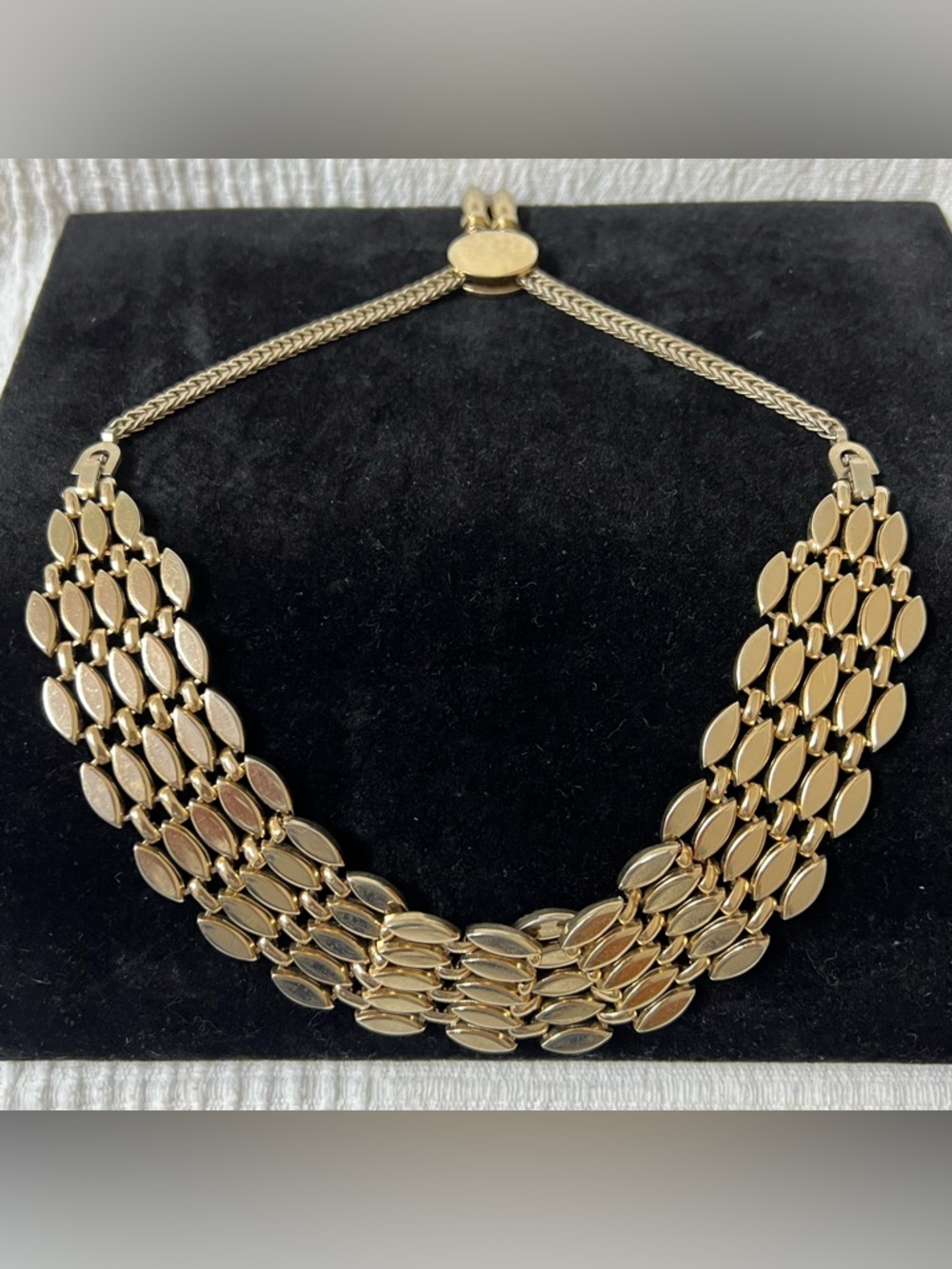 Gold Tone collar necklace adjustable 18″ Heavy 117g”Chunky Egyptian Runway Style